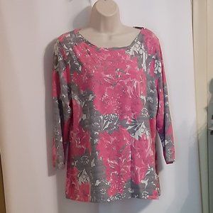 Rafaella Sport ¾ Sleeve Pink Floral Embellished Top XLarge